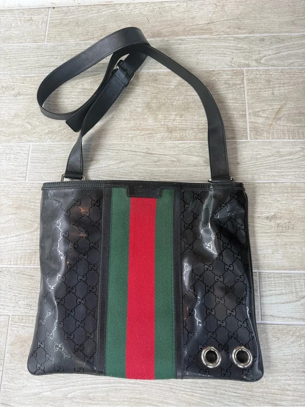 Gucci Black GG Canvas Messenger with Red & Green Stripe- very good cond.